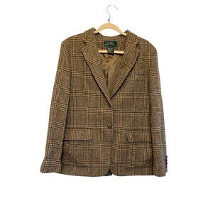 Lauren Ralph Lauren Brown Plaid Tweed Blazer Size 12 Wool Blend Long Sleeve